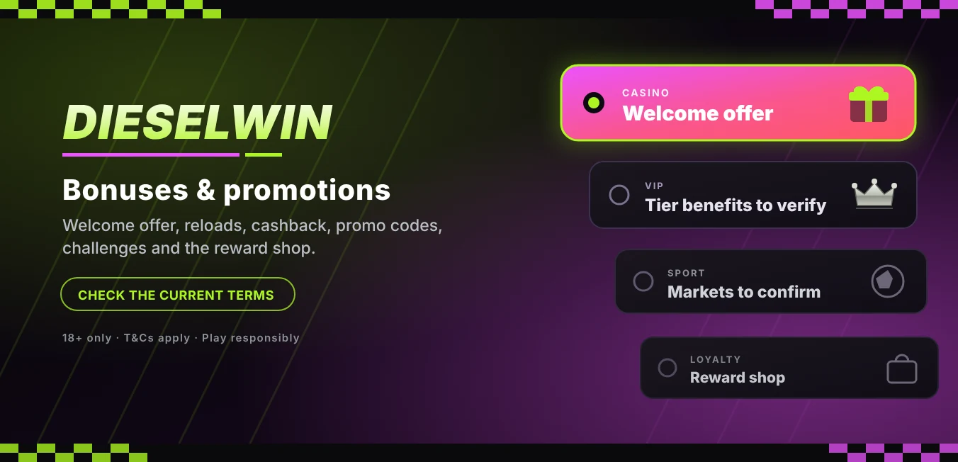 Dieselwin Casino promotions: welcome bonus, cashback, tournaments and reward shop